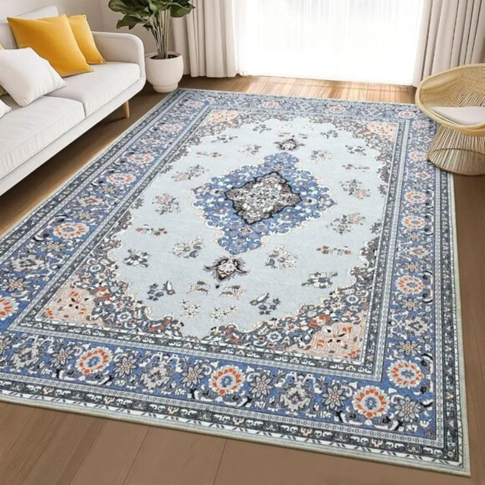 New 6x9 Grey Blue Area Rug, Washable Vintage Low Pile Non-Slip Carpet for Home